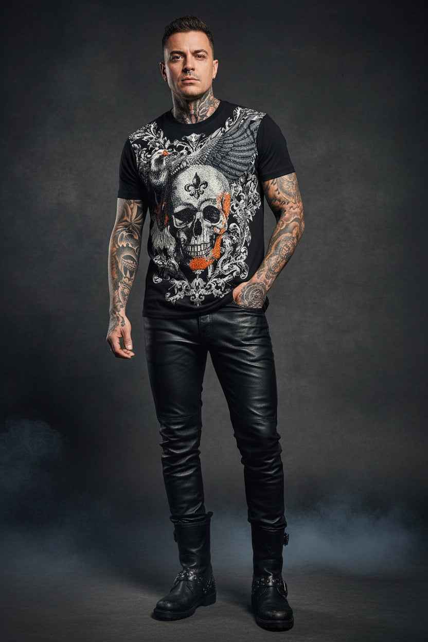 T-Shirt Skull Orange mit Bling Bling – Stylisches Angel Shirt für Trendsetter - Nicky's Kleiderstuebchen