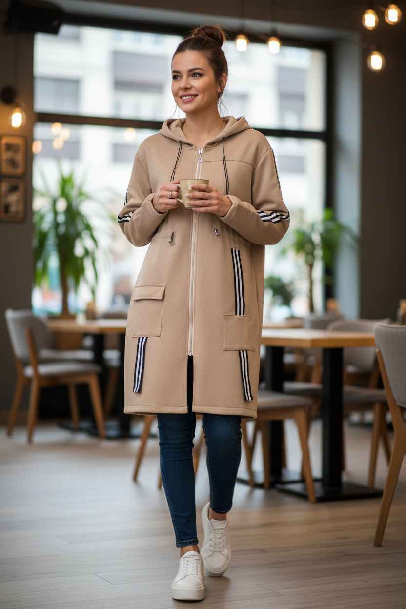 Long Jacke mit Streifen an den Armen dazu lässt es sich gut auf Hüfte  einstellen